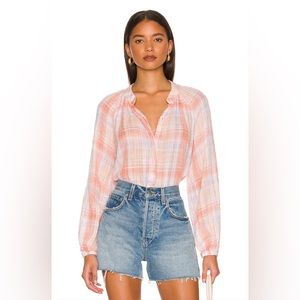 Bella Dahl Long Sleeve Shirred Raglan Shirt in Coral Plaid